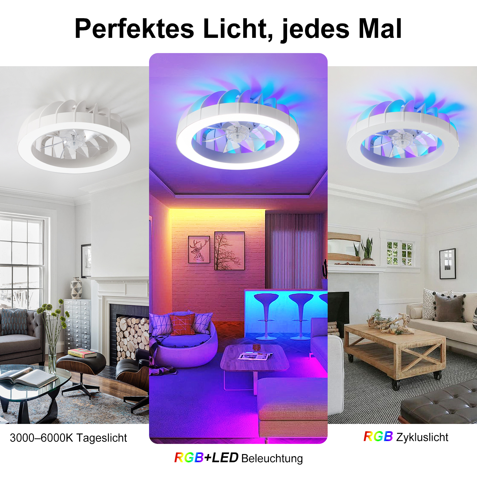 Deckenventilator mit LED-Beleuchtung in drei verschiedenen Wohnräumen und Lichtmodi.