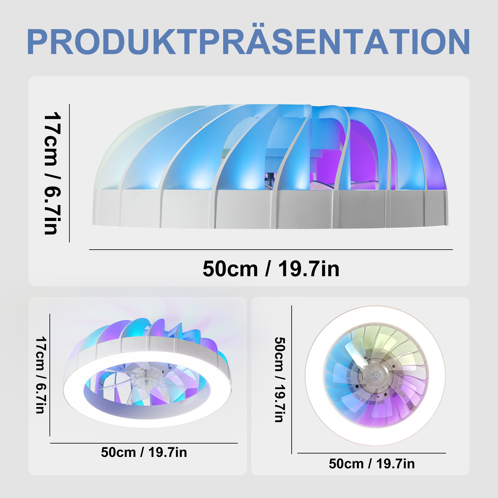 Diagramm einer bunten Deckenleuchte mit Ventilator, Maße 50cm mal 17cm.