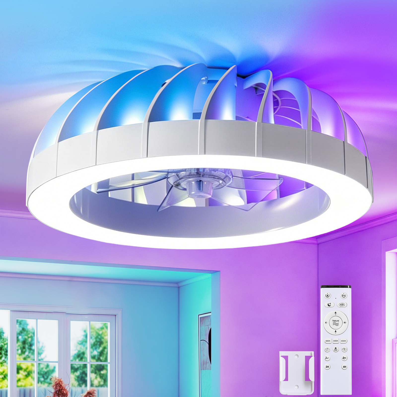 Moderne runde Deckenleuchte mit integriertem Ventilator und farbiger LED-Hintergrundbeleuchtung in einem Raum.