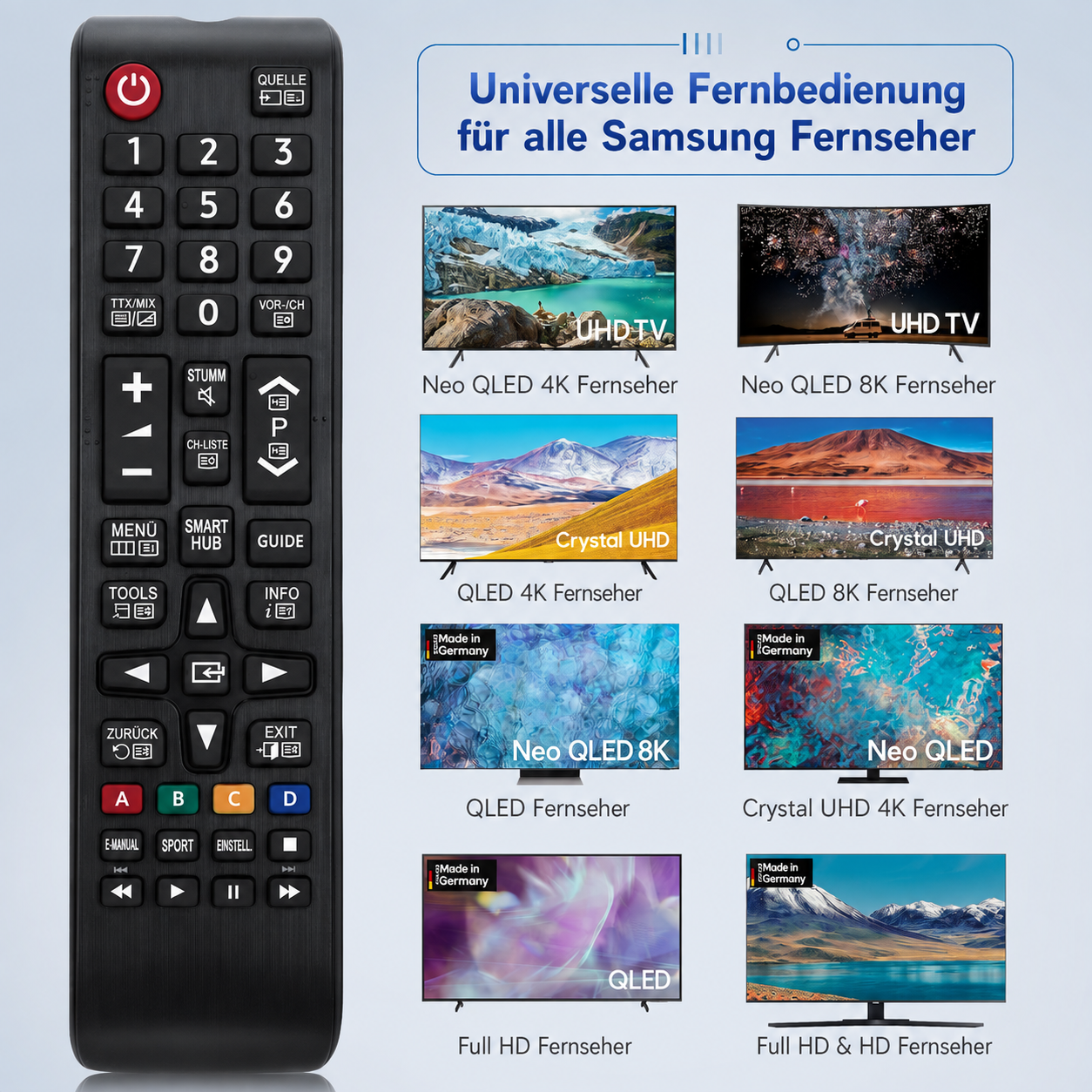 Schwarze Samsung-Fernbedienung neben einer Übersicht verschiedener Samsung-TV-Modelle.