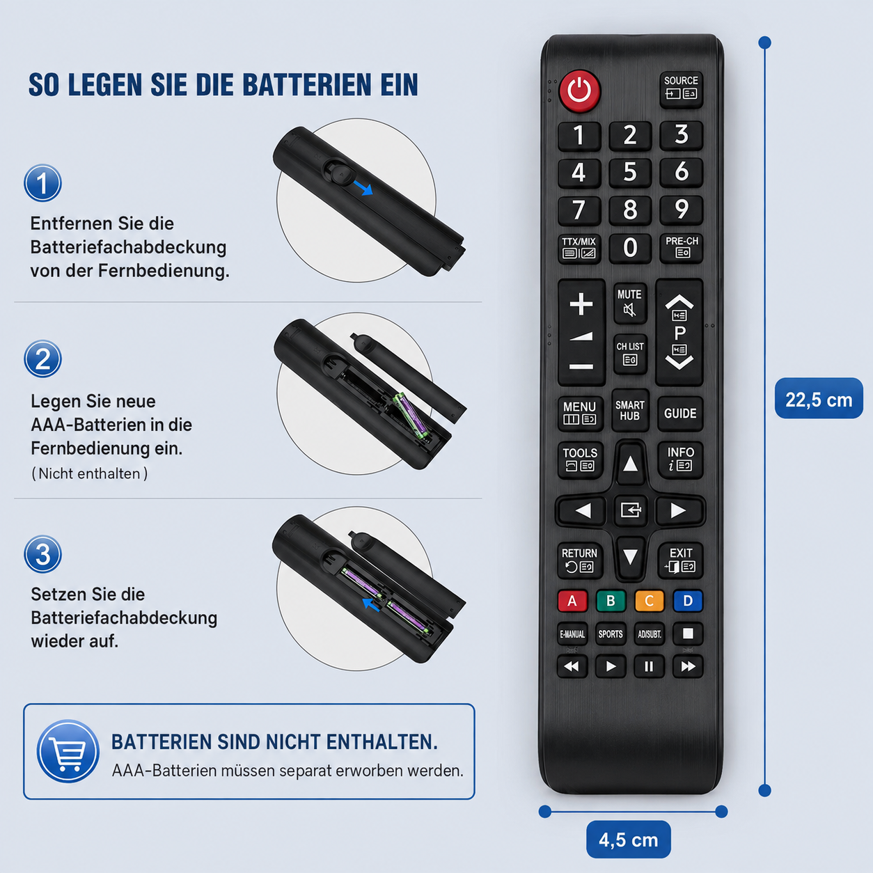 Anleitung zum Einlegen von AAA-Batterien in eine schwarze Fernbedienung.