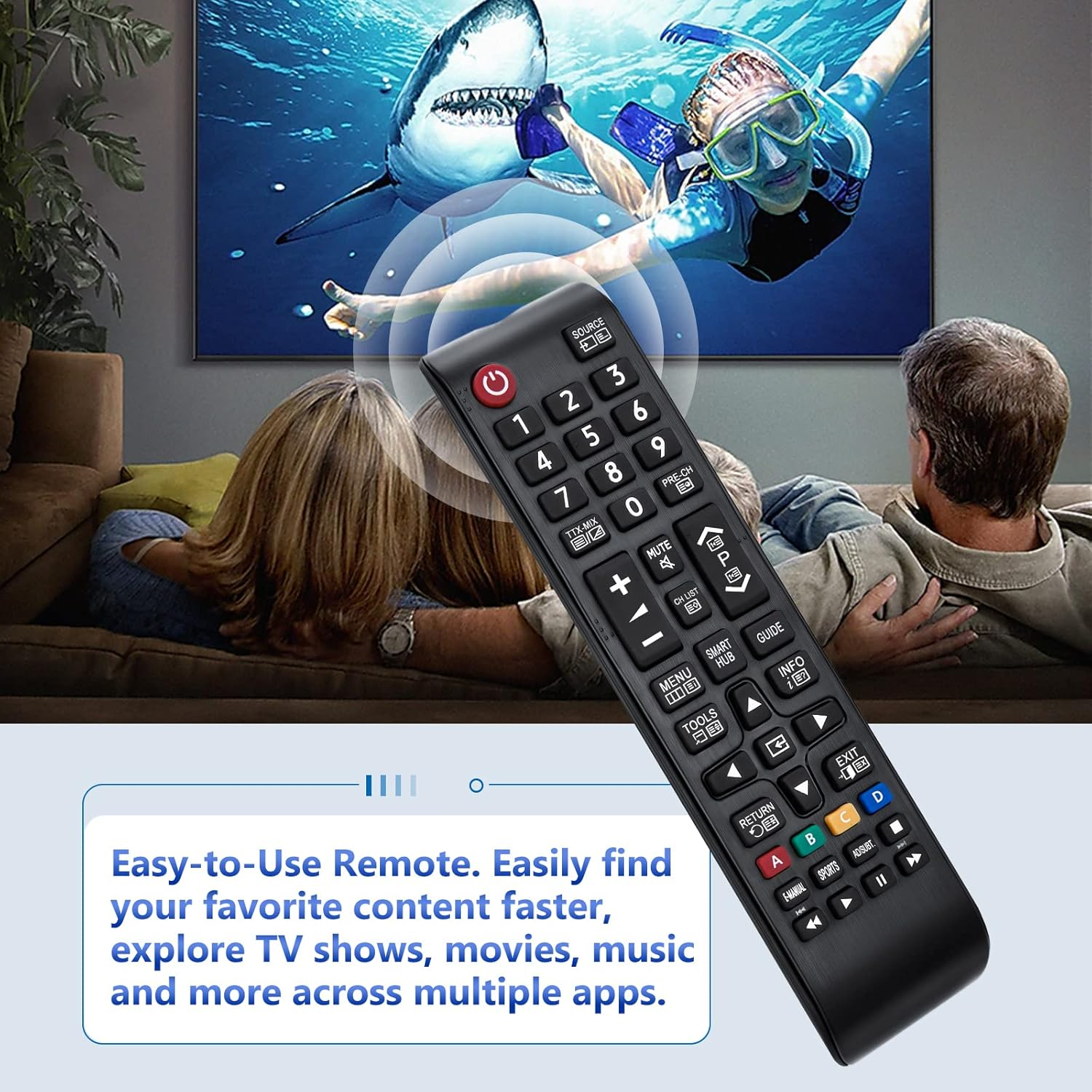 Eine Fernbedienung schwebt vor einem Fernseher, auf dem eine Frau neben einem Haifisch schwimmt.