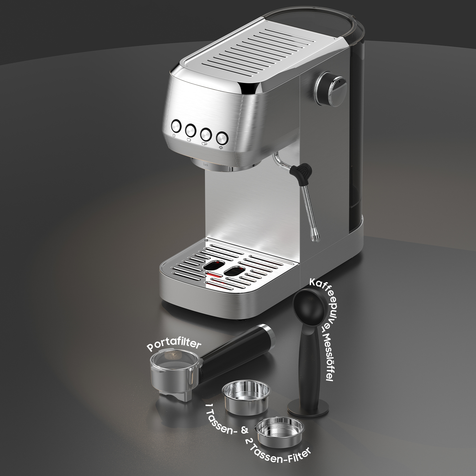 Eine silberne Espressomaschine mit Siebträger, zwei Einsätzen und Kaffeelöffel auf dunkler Oberfläche.