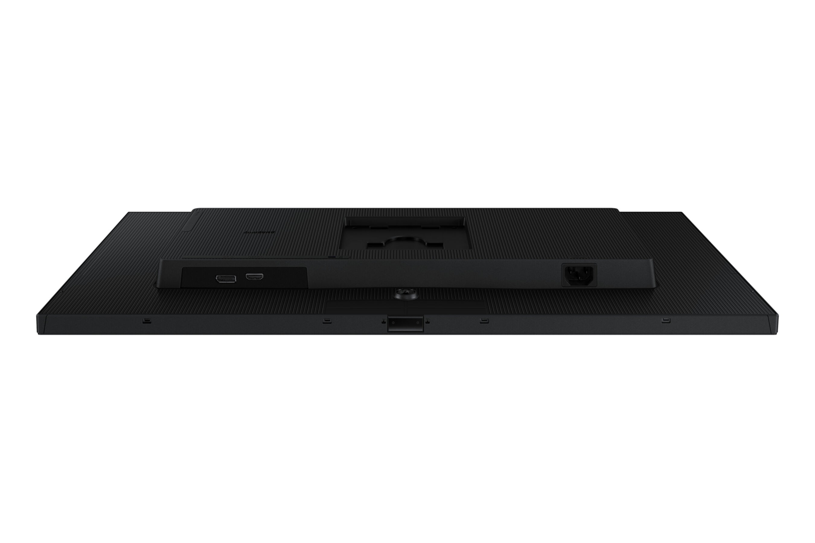 Widok z tyłu czarnego monitora z portami HDMI i gniazdem zasilania na białym tle.