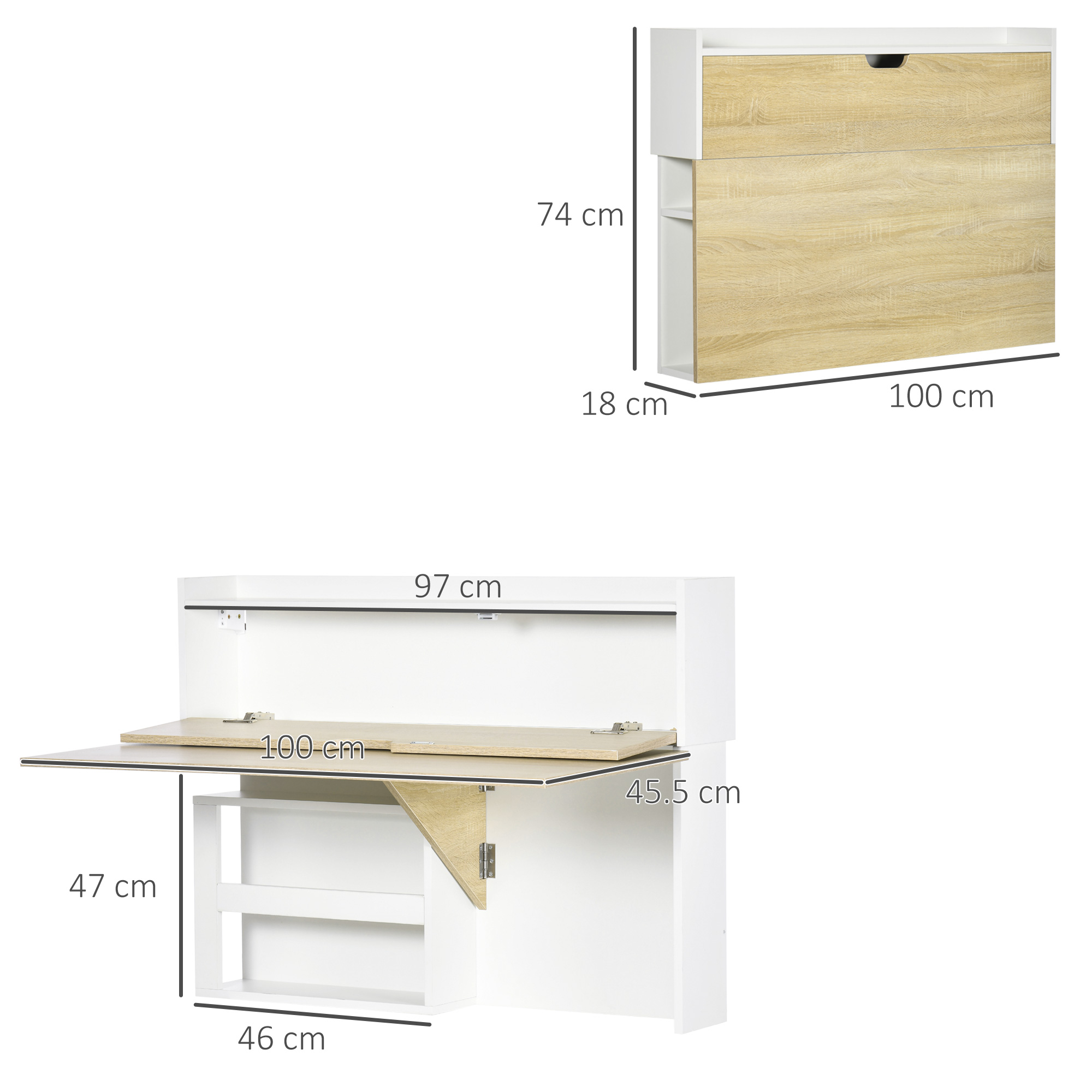 Scrivania pieghevole a parete con dimensioni mostrate chiusa e aperta, in bianco e legno.