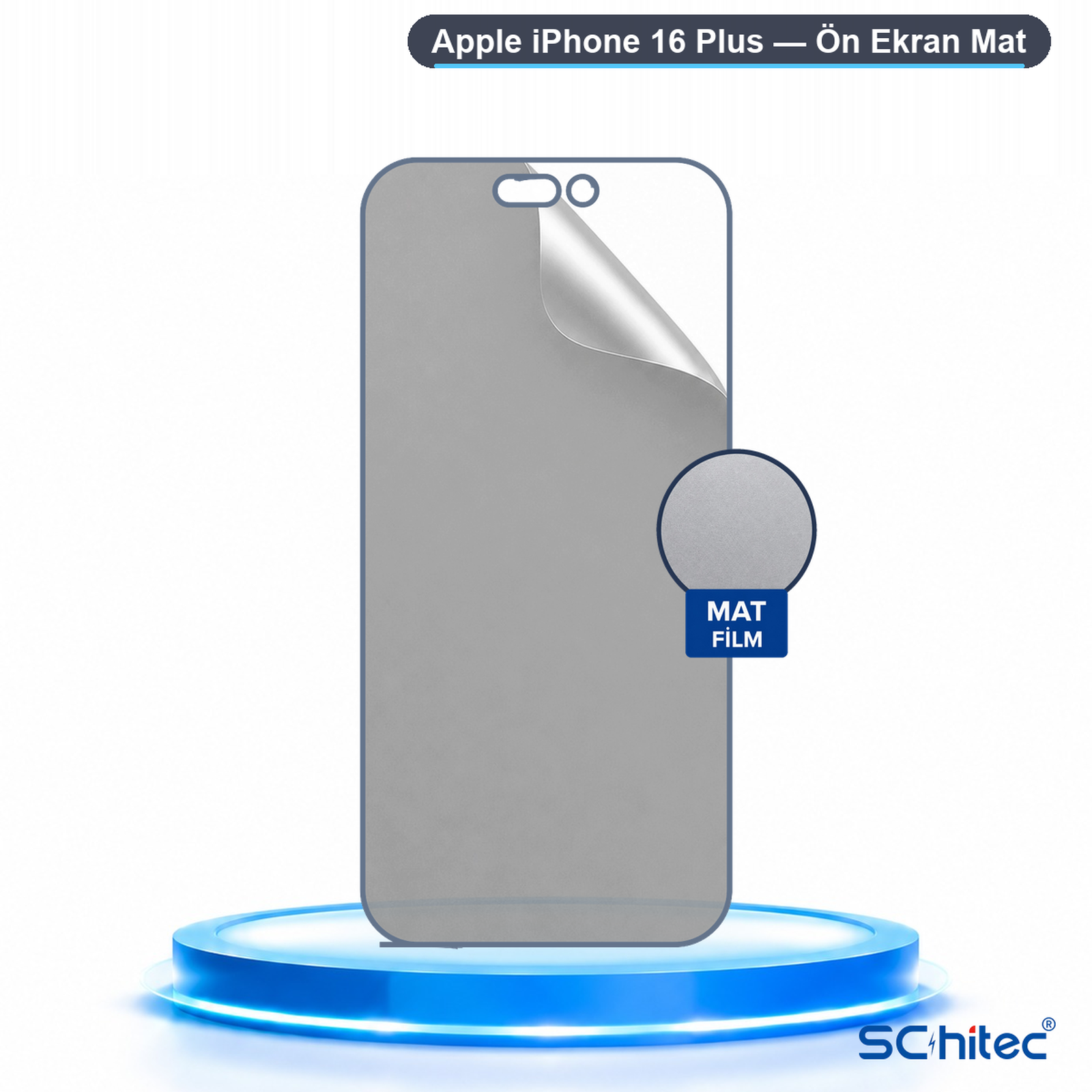 Mavi bir kaide üzerinde Apple iPhone 16 Plus için mat ekran koruyucu.