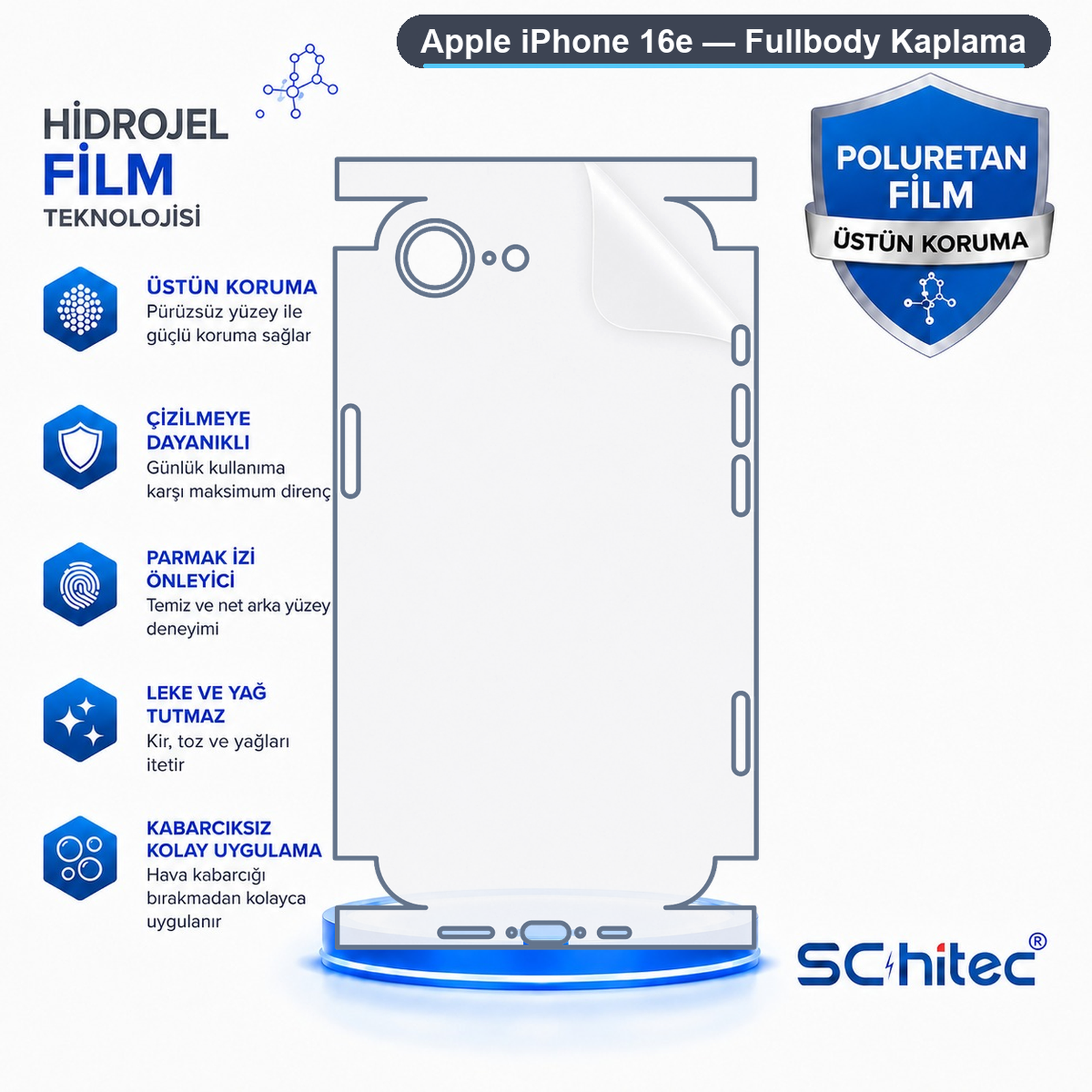Apple iPhone 16e için hidrogel film arka kapak koruyucu özellikleri ve avantajları tanıtan afiş.