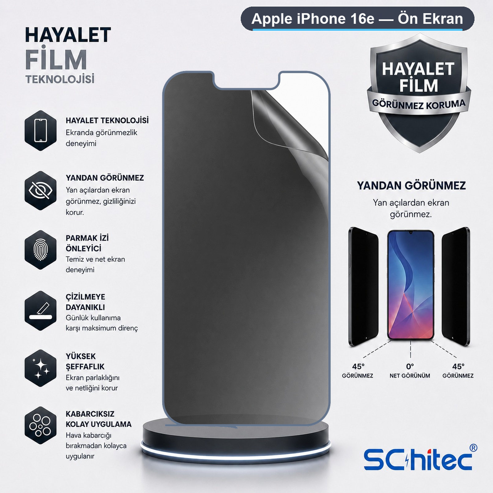 iPhone için gizlilik, çizilmezlik ve kolay uygulama özellikli Hayalet Film ekran koruyucu reklamı.