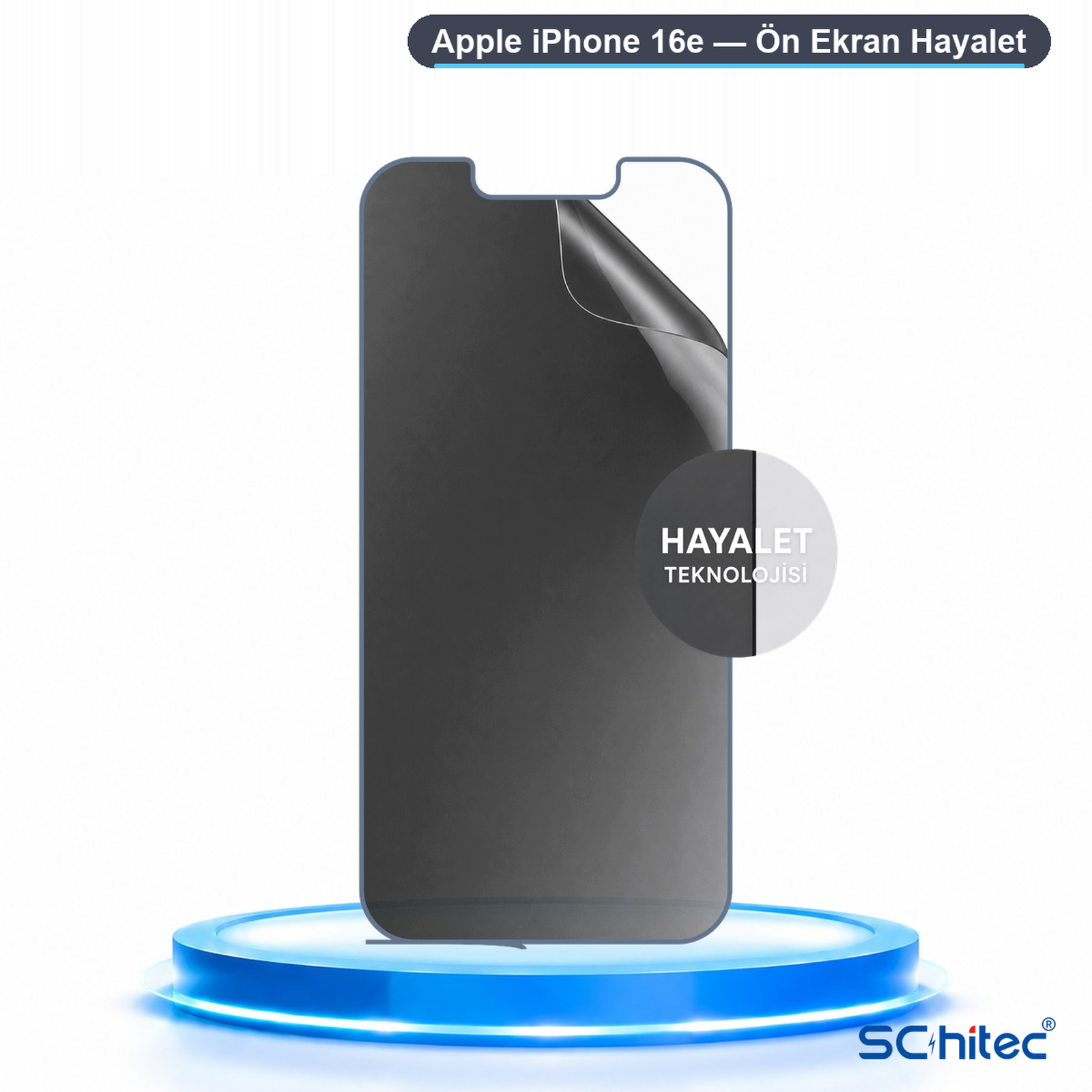Mavi ışıklı bir kaide üzerinde duran koyu renkli telefon ekran koruyucusu, üstte Türkçe metin ve logo.