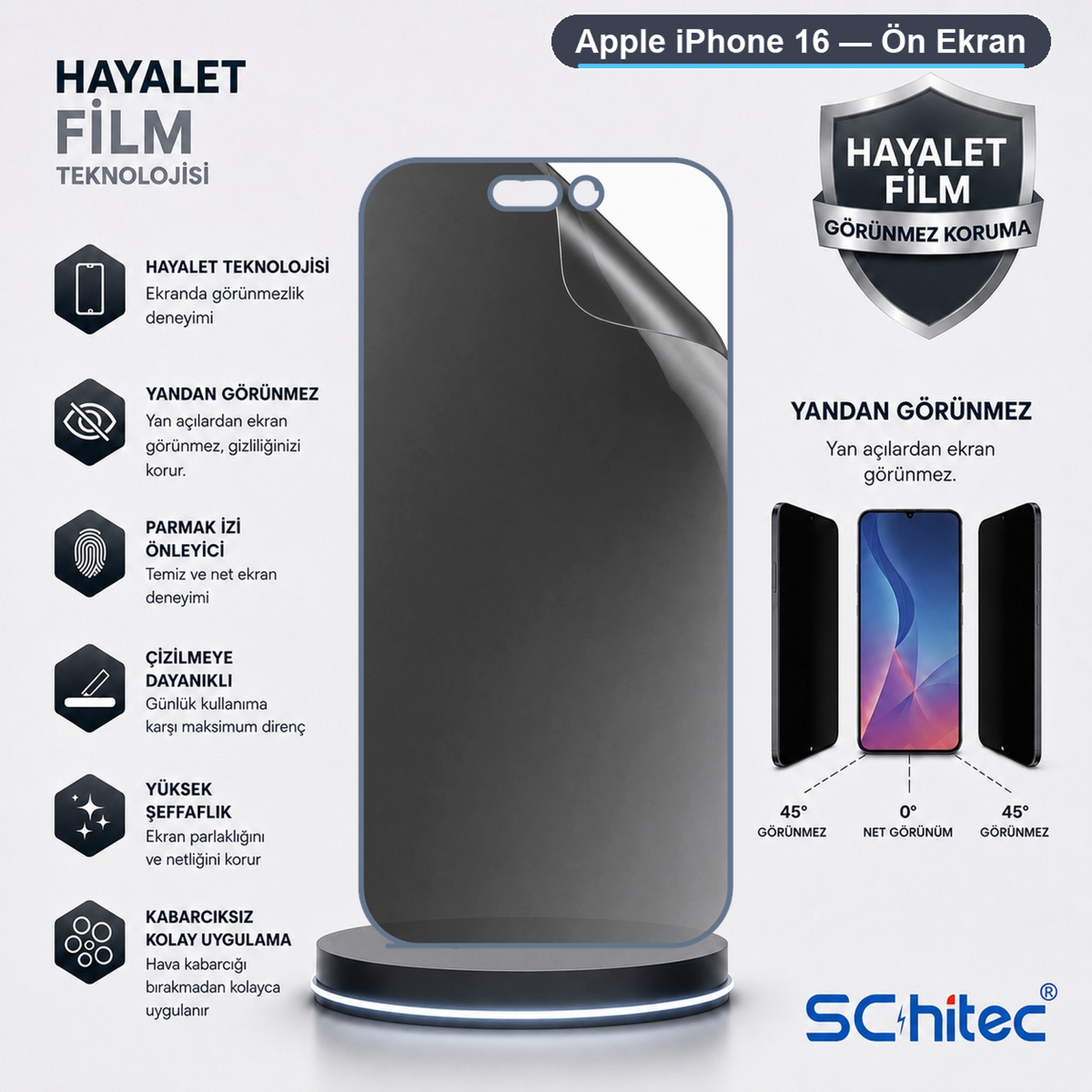 Apple iPhone 16 hayalet ekran filmi tanıtım görseli, özellikler ve grafiklerle birlikte.