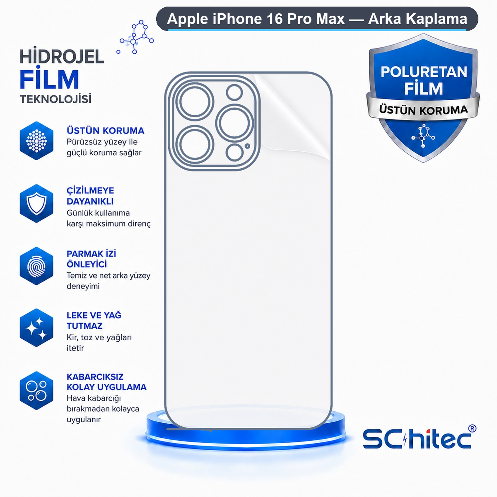 iPhone 16 Pro Max için çizilmeye dayanıklı ve parmak izi bırakmayan hidrojel arka kaplama reklamı.
