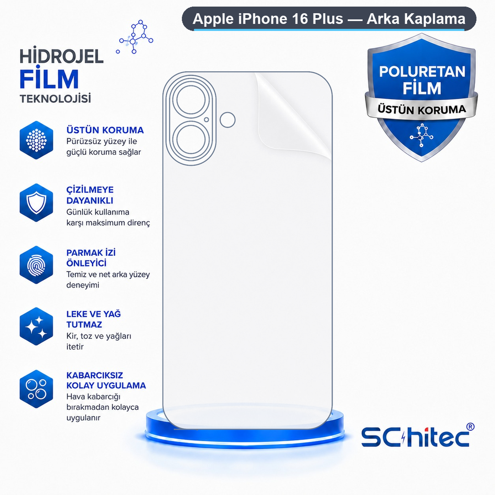 Apple iPhone 16 Plus için şeffaf hidrojel arka kaplama reklamı, mavi detaylar ve açıklayıcı simgeler içerir.