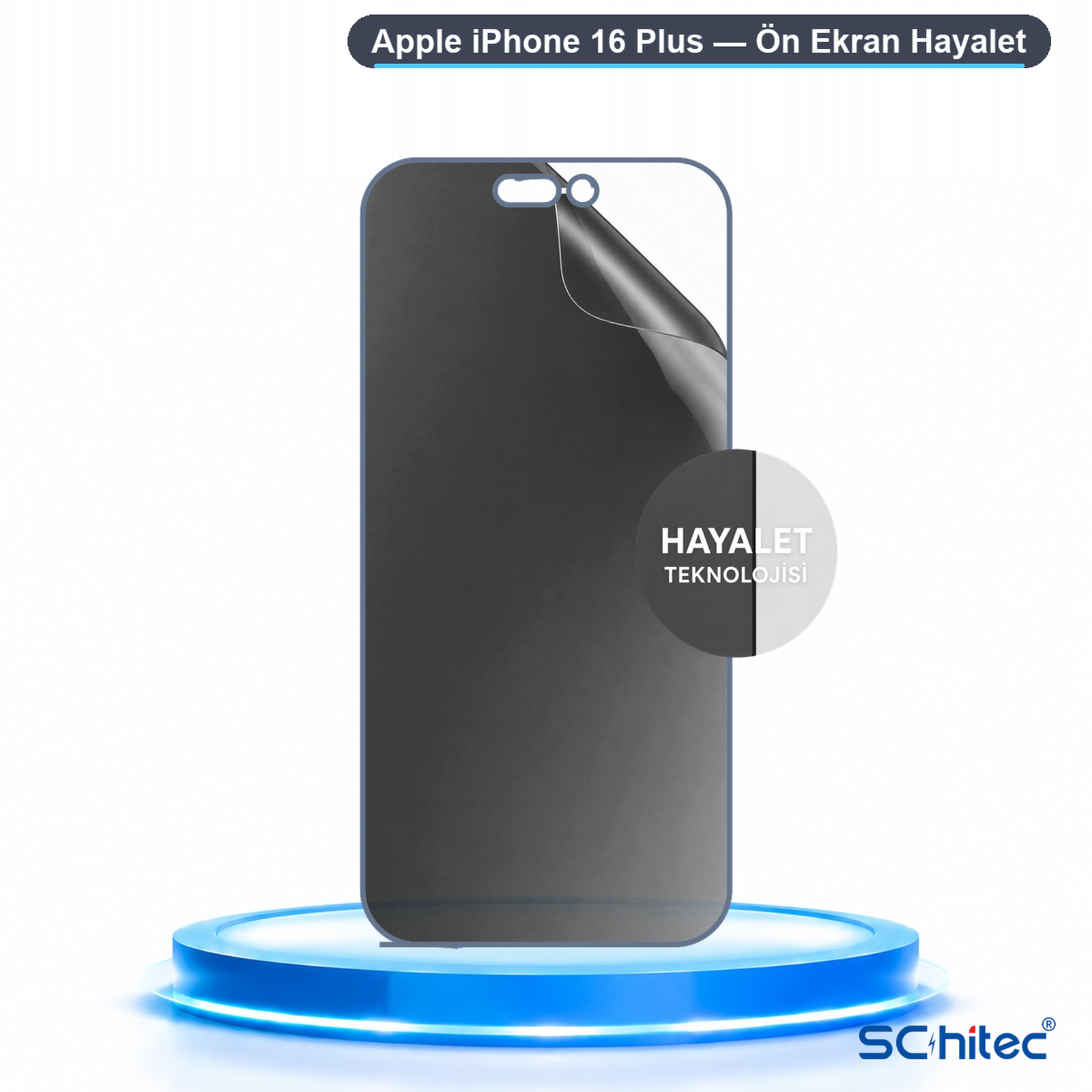 Beyaz arkaplanda parlayan mavi bir kaide üzerinde Apple iPhone 16 Plus hayalet ekran koruyucu.