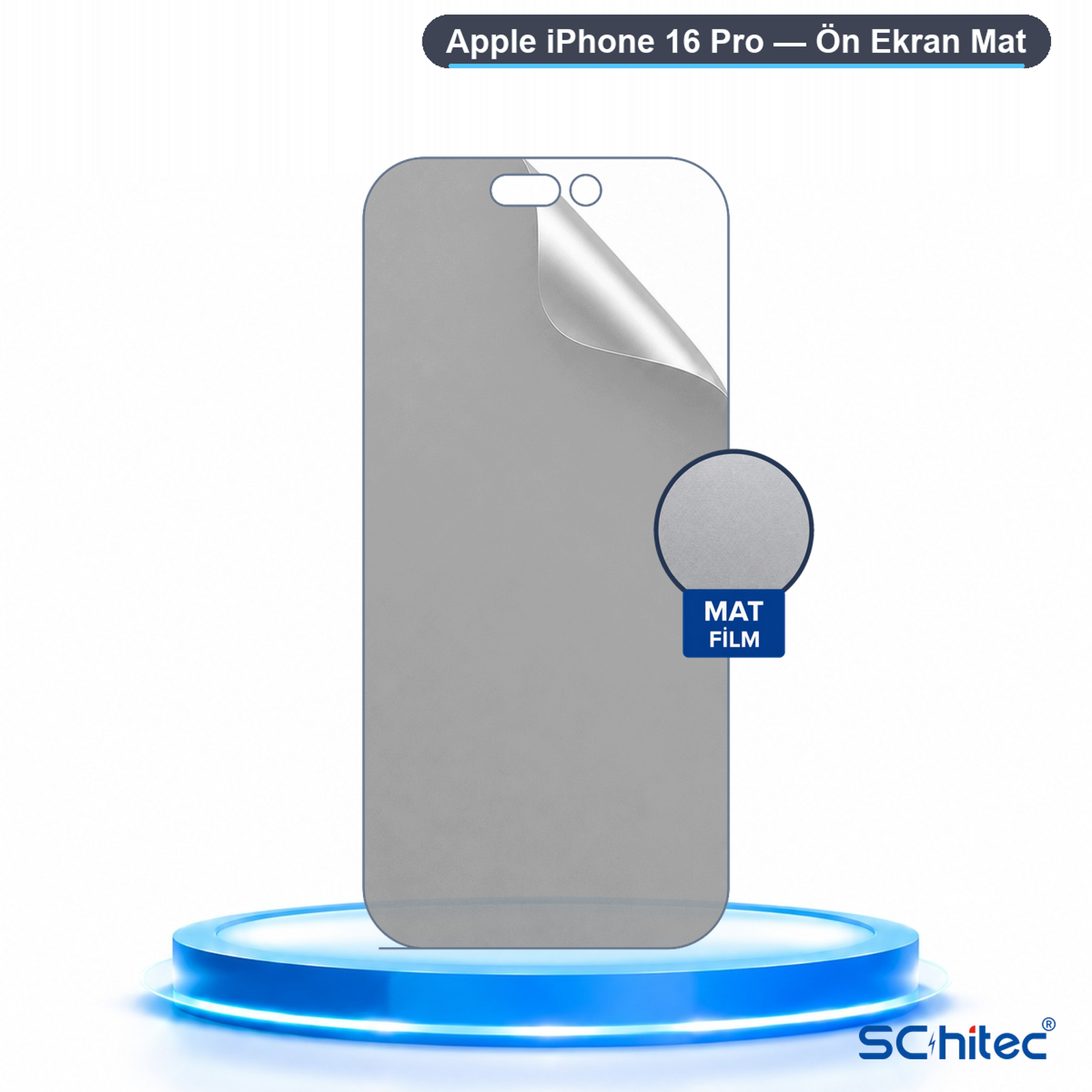 iPhone 16 Pro için mat ekran koruyucu aydınlatmalı mavi bir kaide üzerinde duruyor.