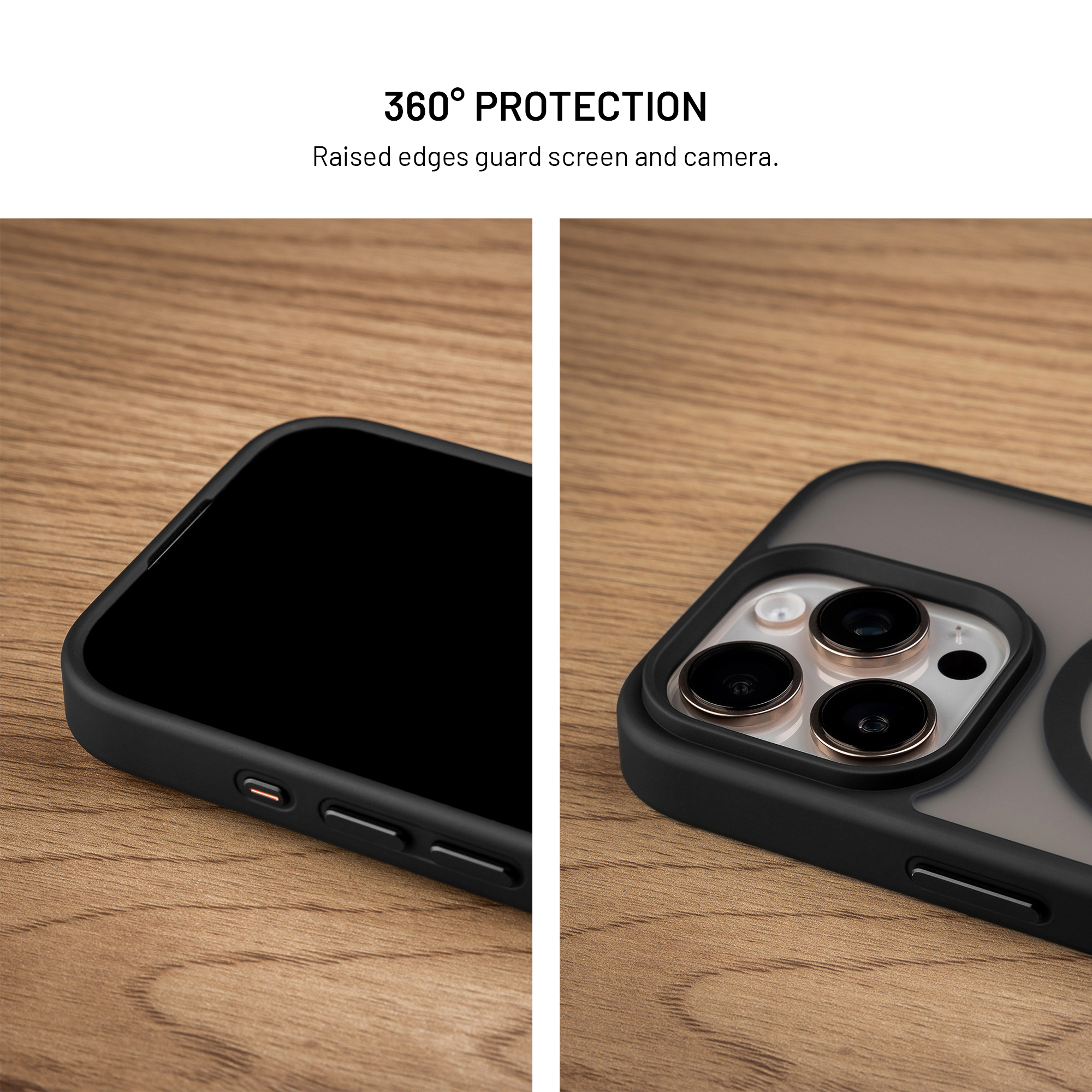 Geteilter Blick auf ein Smartphone mit Schutzhülle und erhöhten Kanten auf Holz.