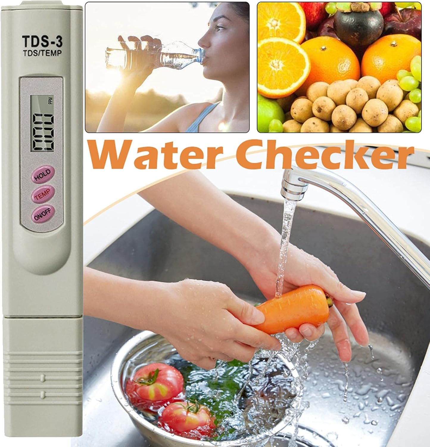 Wassertester-Gerät neben Bildern von trinkenden Frauen, Früchten und Gemüse, das unter dem Wasserhahn gewaschen wird.