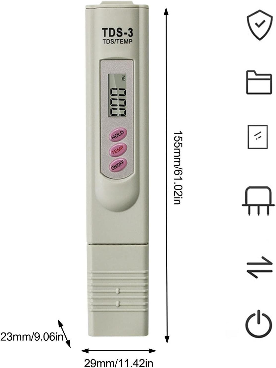TDS-3 Wasserqualitätsmesser mit Abmessungen, digitalem Display und drei rosafarbenen Tasten.