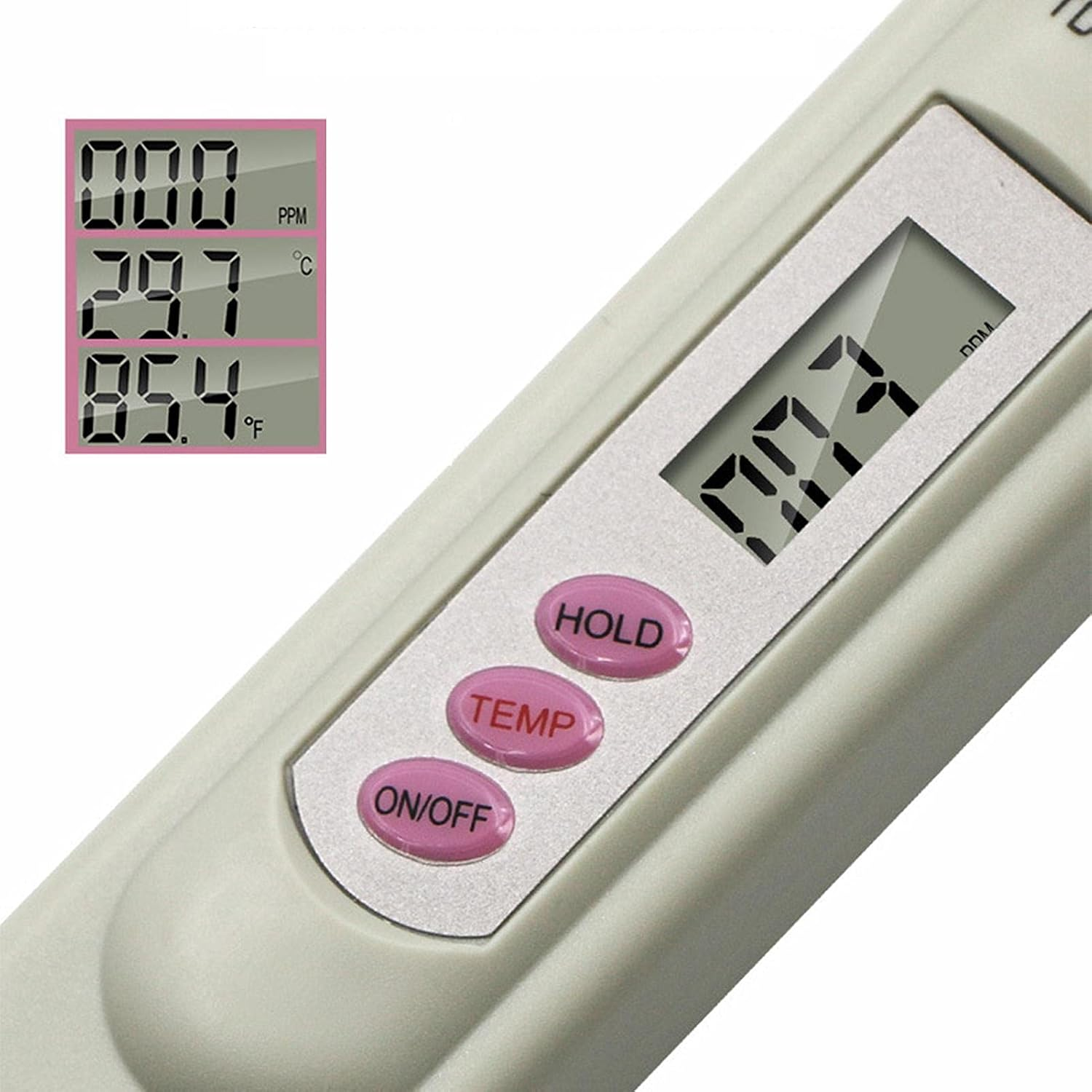Ein weißes digitales TDS- und Temperaturmessgerät mit drei pinken Tasten und LCD-Bildschirm.