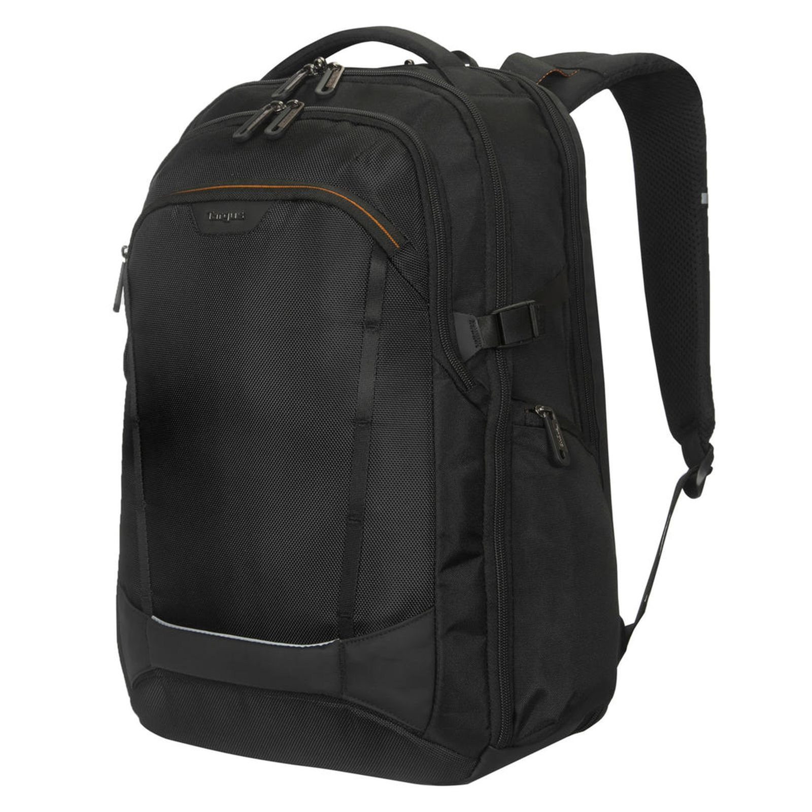 Ein schwarzer Targus-Rucksack mit Reißverschlüssen, Netzteilen und gepolsterten Trägern auf weißem Hintergrund.