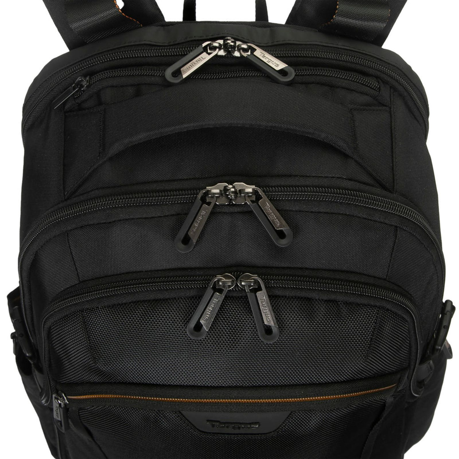 Ein schwarzer Targus-Rucksack mit mehreren Reißverschlusstaschen und Gurten.