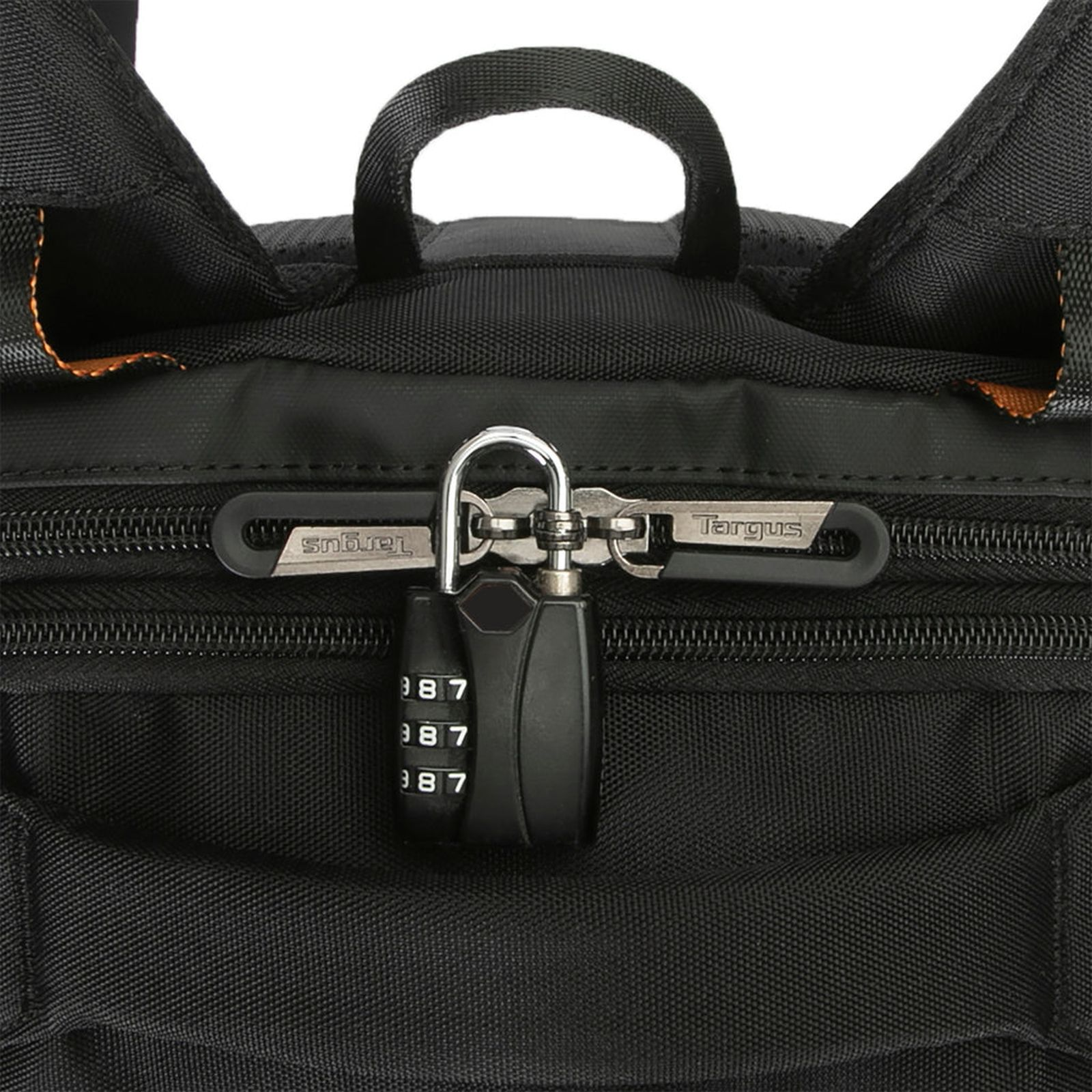 Ein schwarzer Targus-Rucksack mit einem Vorhängeschloss, das die Reißverschlüsse sichert.