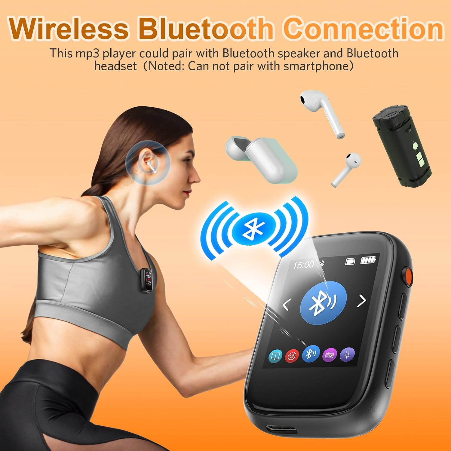 Eine Frau mit Sportbekleidung läuft, neben ihr ein MP3-Player mit Bluetooth-Symbol, Kopfhörer und Lautsprecher.