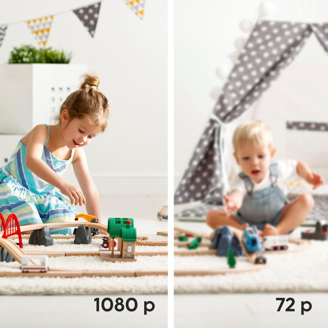 Vergleich eines scharfen Kindes mit Spielzeug mit 1080p und einer verschwommenen Version mit 72p.