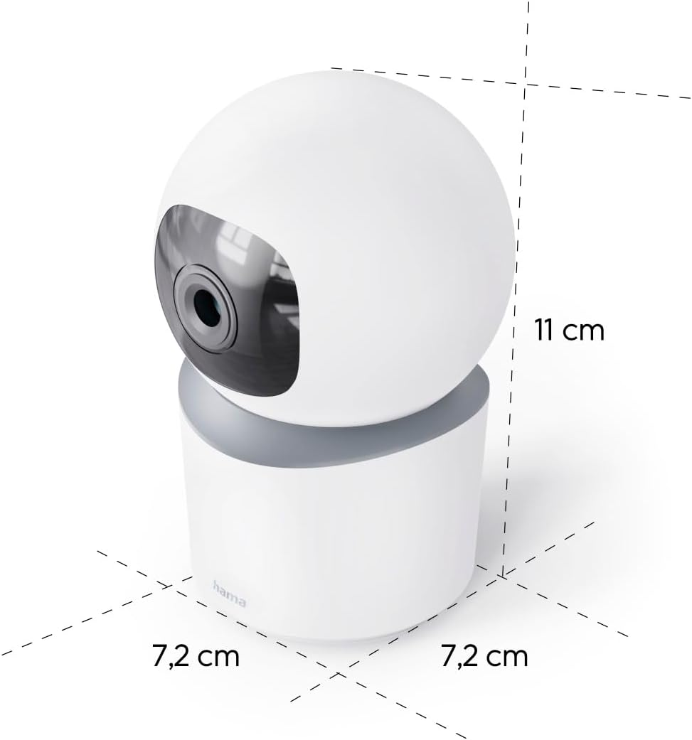 Weiße intelligente Überwachungskamera mit 11 cm Höhe und 7,2 cm x 7,2 cm Basis.