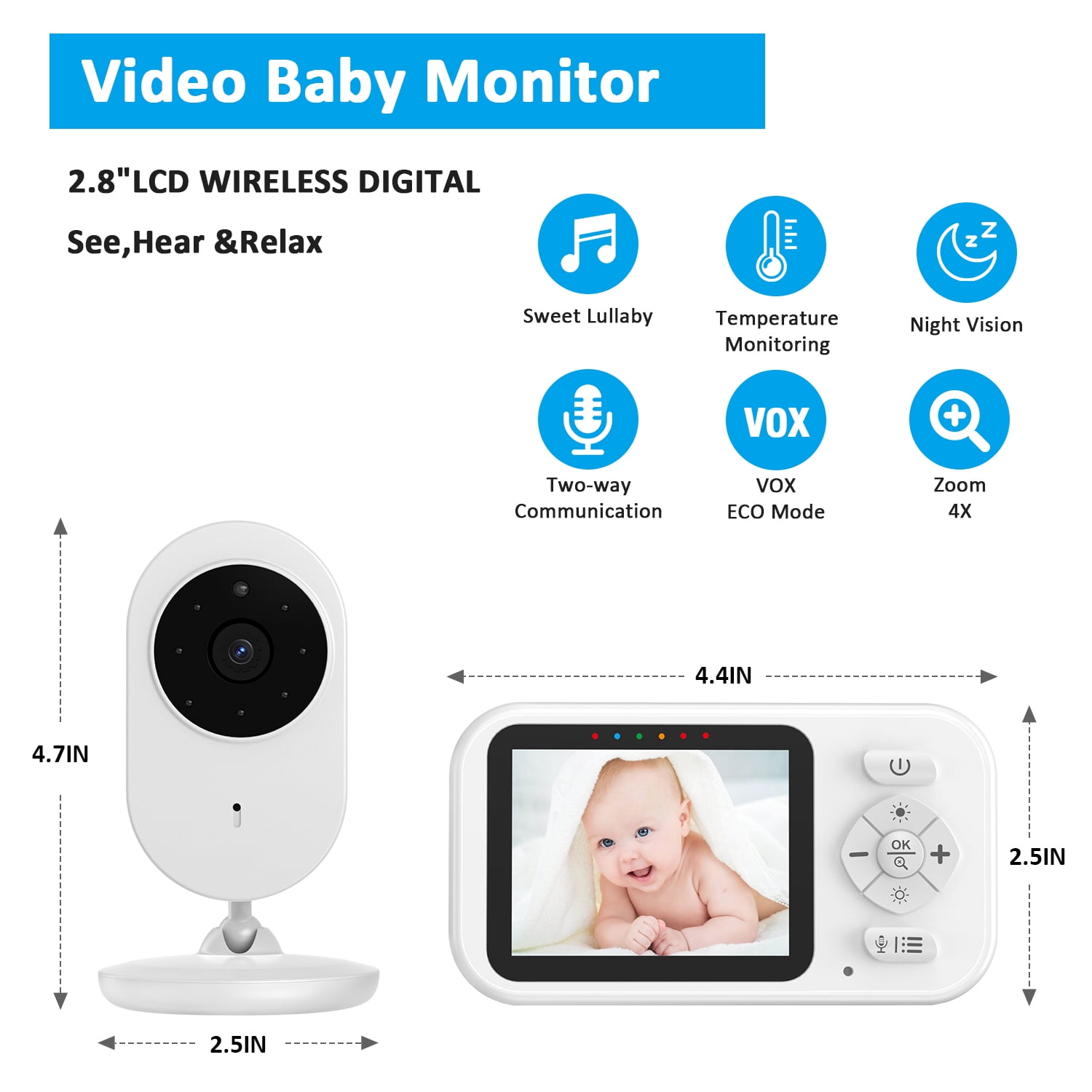 Ein Video-Babyphone mit Kamera und Monitor, Maße und Funktions-Icons wie Wiegenlieder und Nachtsicht.