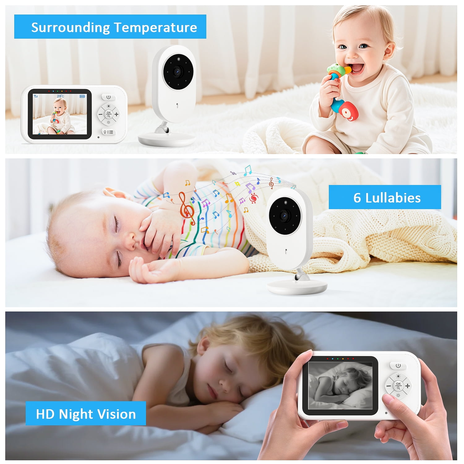 Drei Bilder zeigen ein Babyphone mit Temperaturanzeige, Schlafliedern und Nachtsicht für schlafende Babys.