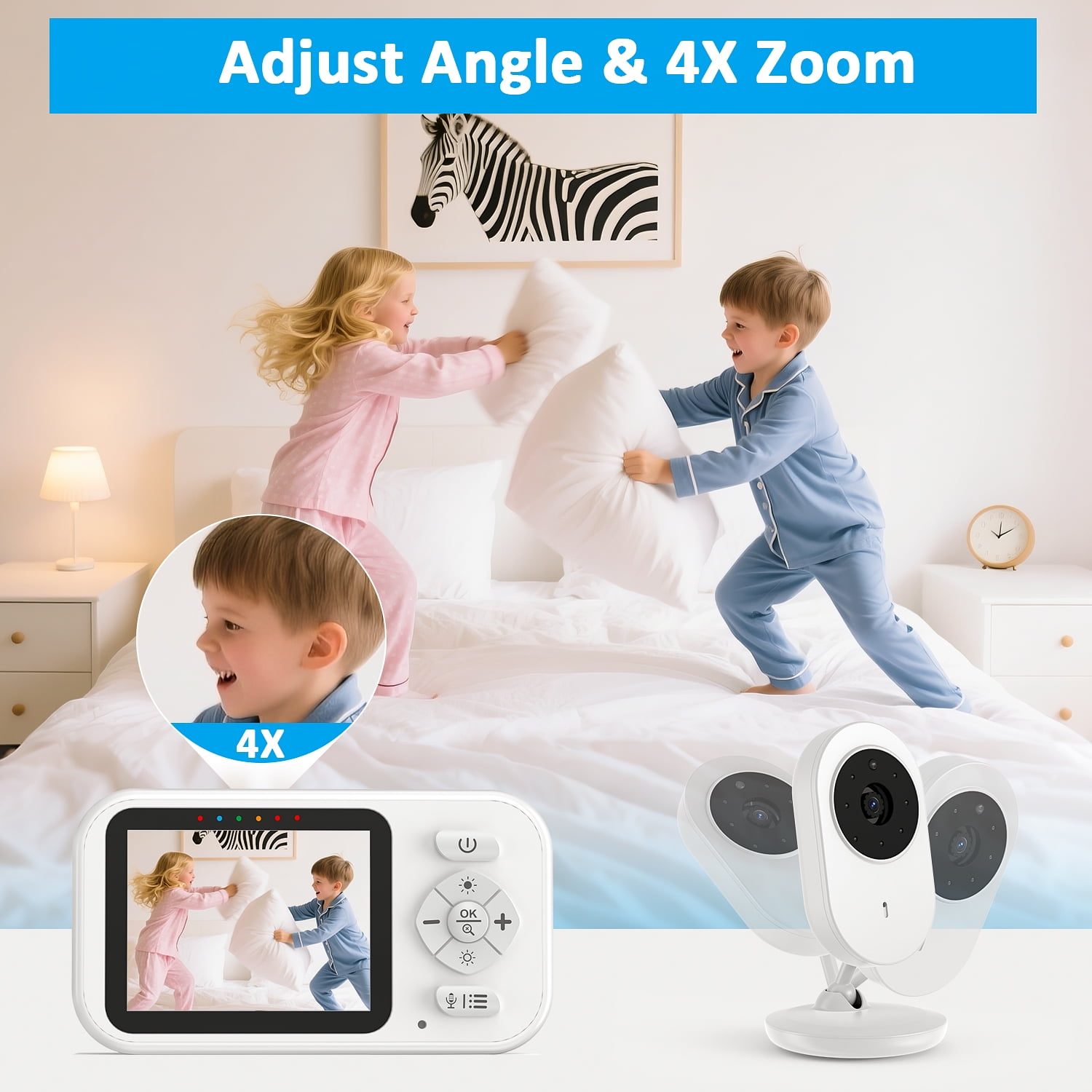 Zwei Kinder kämpfen mit Kissen auf dem Bett, überwacht von einer Babykamera und auf einem Monitor gezeigt.