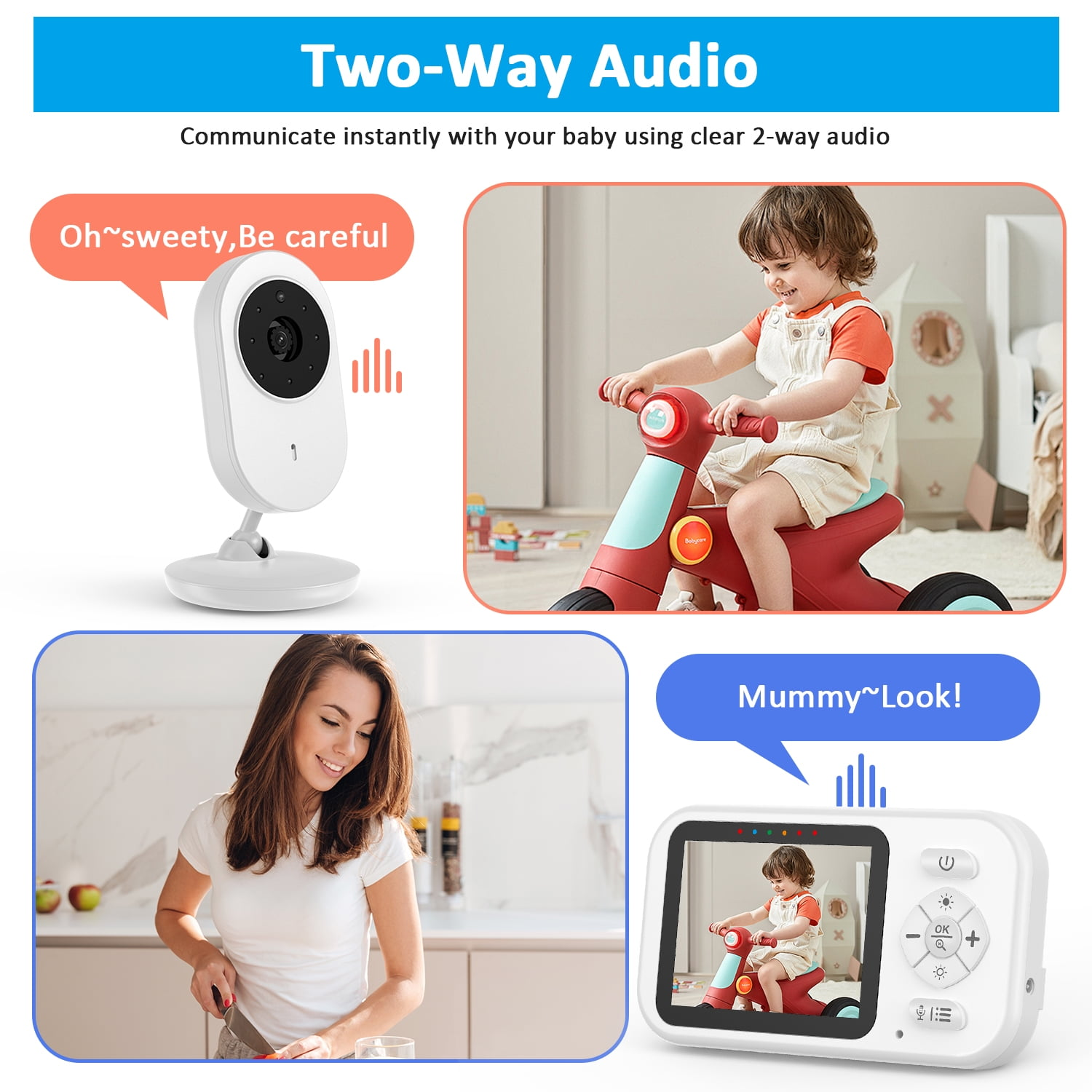 Babyphone mit Zwei-Wege-Audio zeigt Kamera, Kind auf Dreirad und Mutter in der Küche.