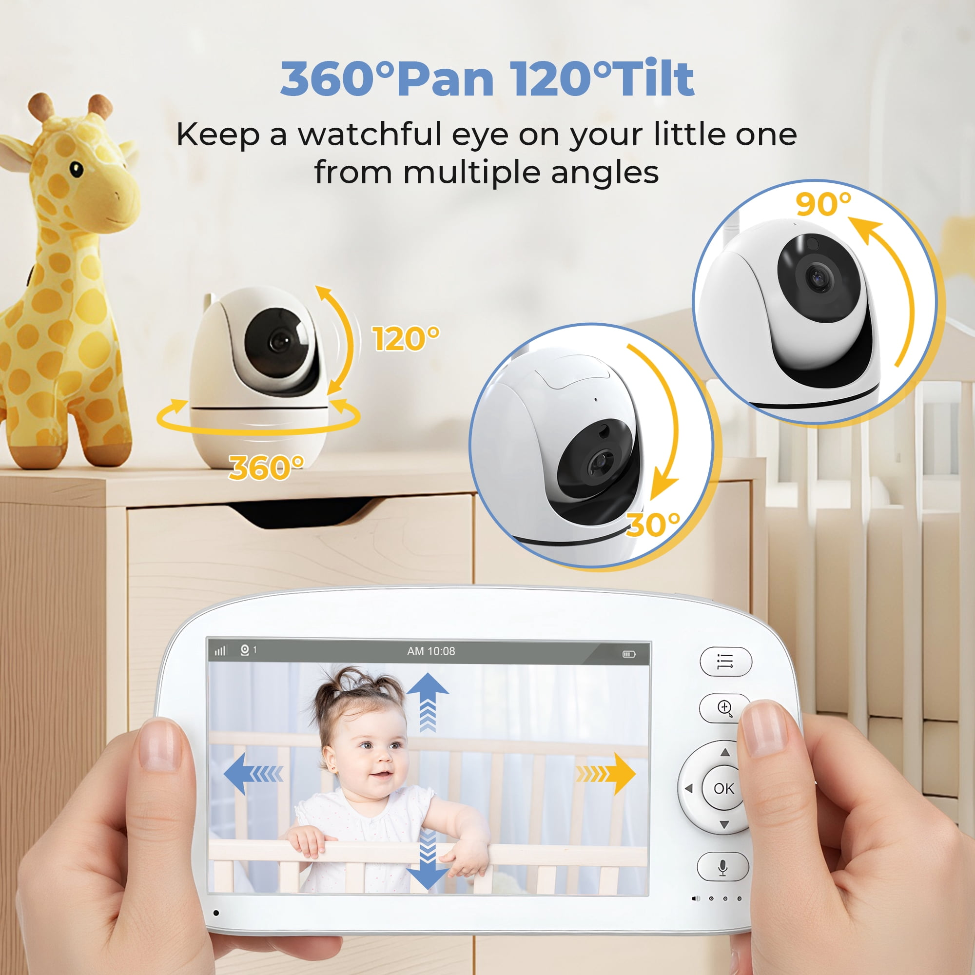 Ein Babyphone mit Schwenk- und Neigefunktion zeigt ein lächelndes Baby im Gitterbett nebst Kamerawinkeldiagrammen.