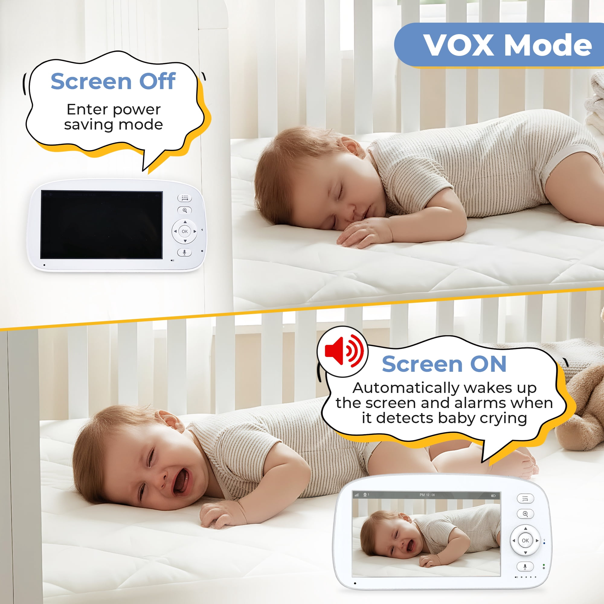 Ein Babyphone zeigt den Status 'Bildschirm aus' bei Schlaf und 'Bildschirm an' beim Weinen des Babys.
