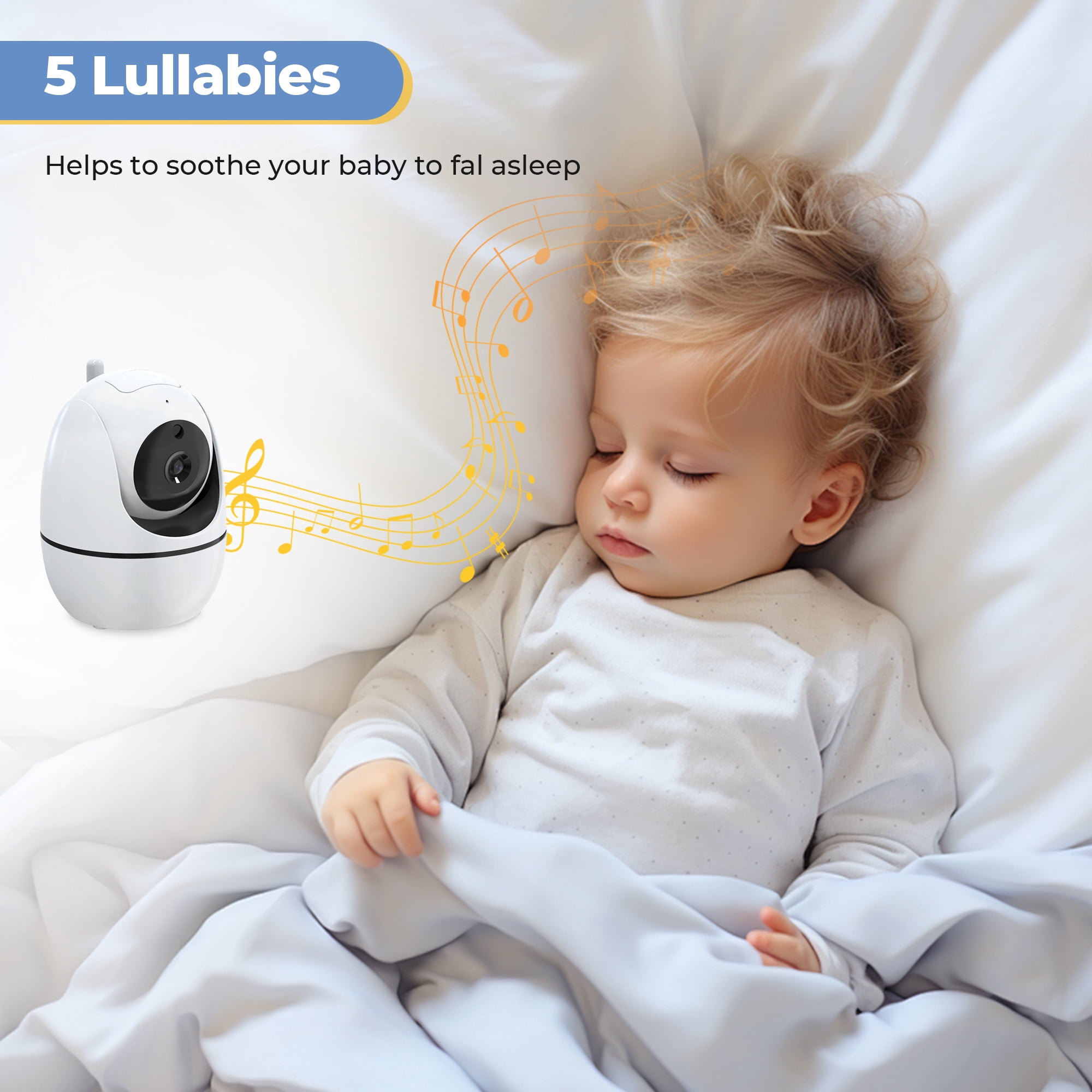 Ein Baby schläft friedlich in einem weißen Bett neben einem weißen Babyphone, mit leuchtenden Noten.