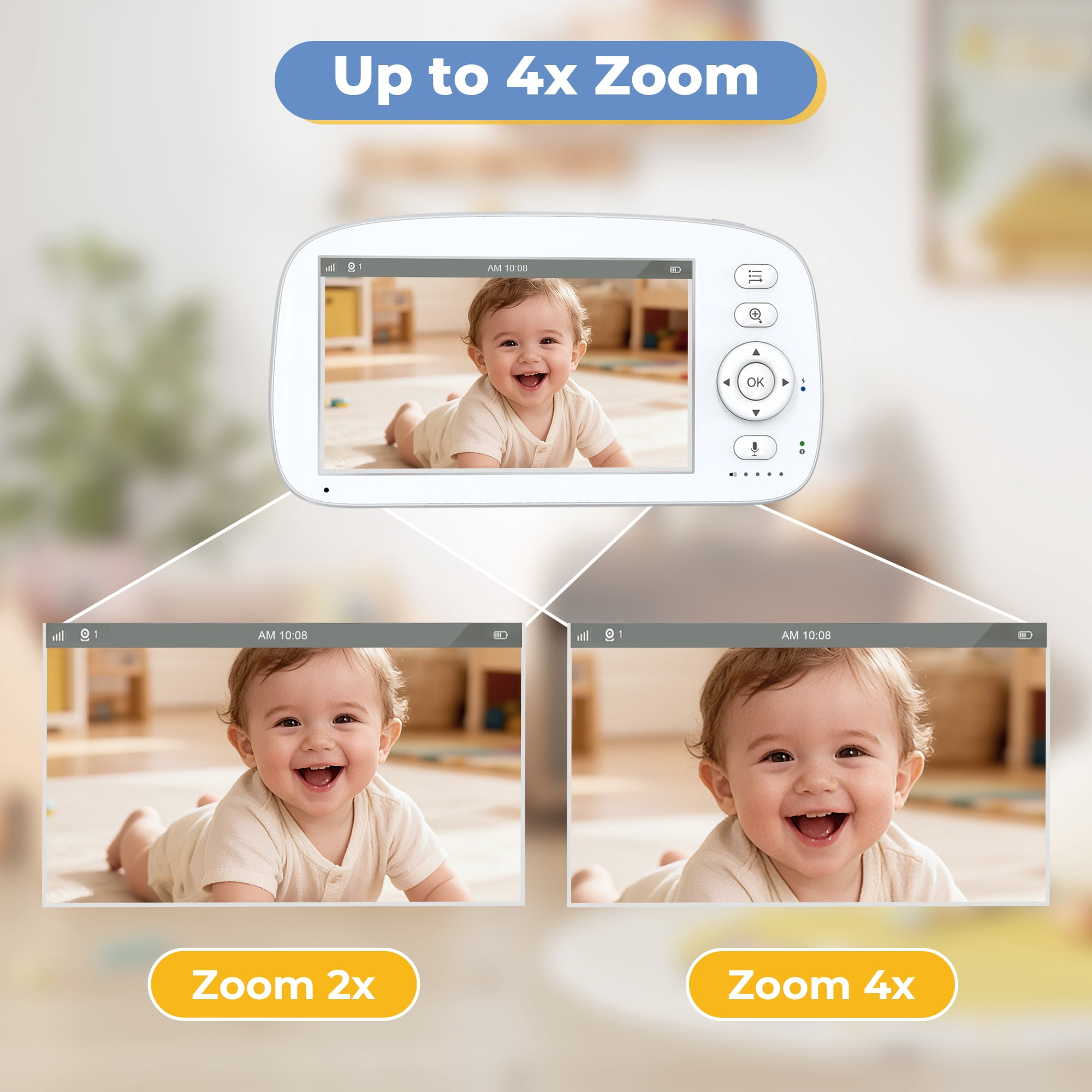 Ein Babyphone mit Bildschirm zeigt einen lachenden Säugling bei verschiedenen Zoomstufen bis zu 4x.