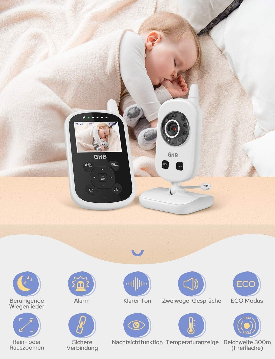 Ein Babyphone mit Kamera und Elterneinheit zeigt einen schlafenden Säugling auf weißem Bettzeug.