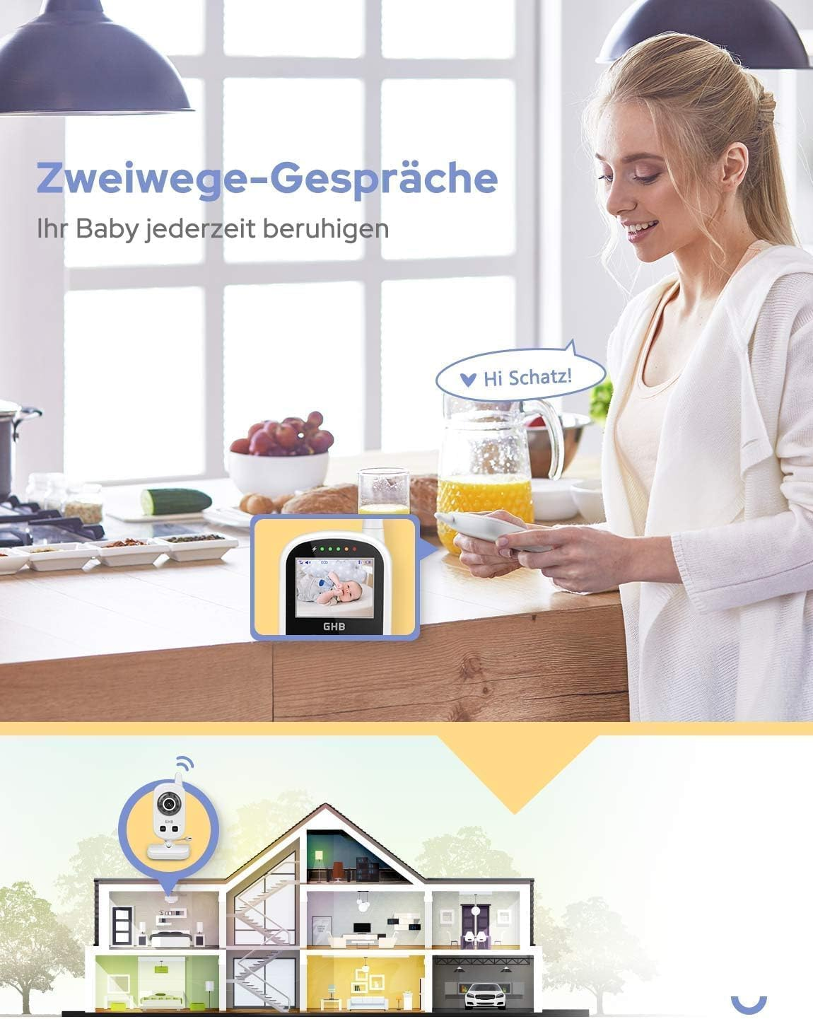 Eine Frau spricht in ein Babyfon, das mit einer Kamera in einem Haus verbunden ist.