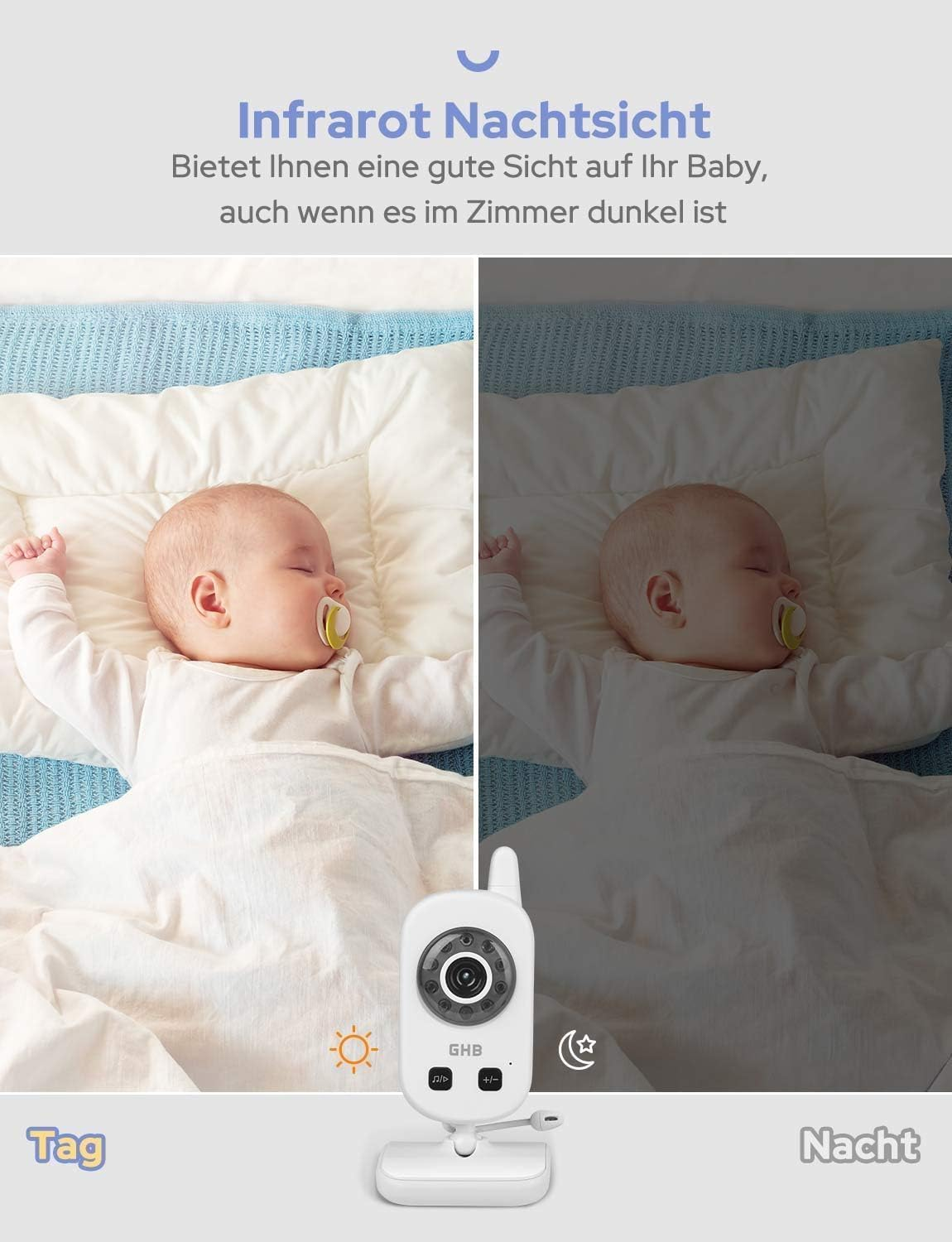 Vergleichsbilder einer Babyphone-Infrarot-Nachtsichtfunktion mit einem schlafenden Baby bei Tag und Nacht.