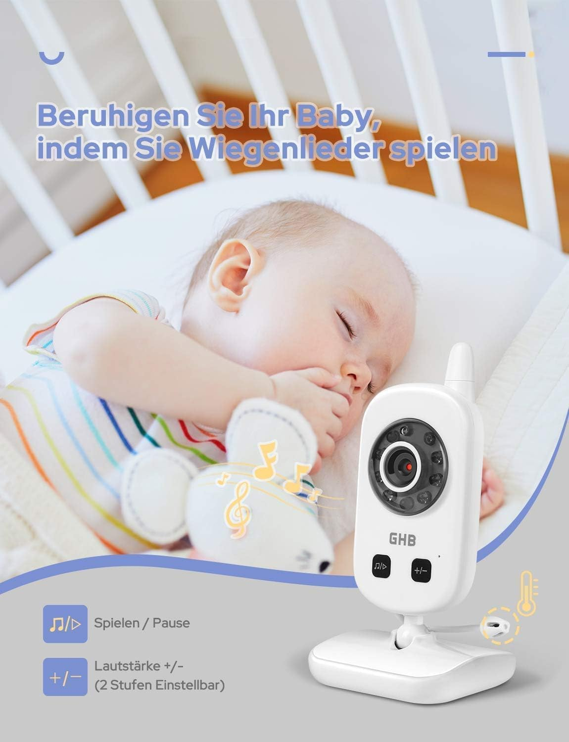 Ein Baby schläft in einem weißen Bett neben einem GHB Babyphon mit Wiegenlied- und Lautstärkeregler.