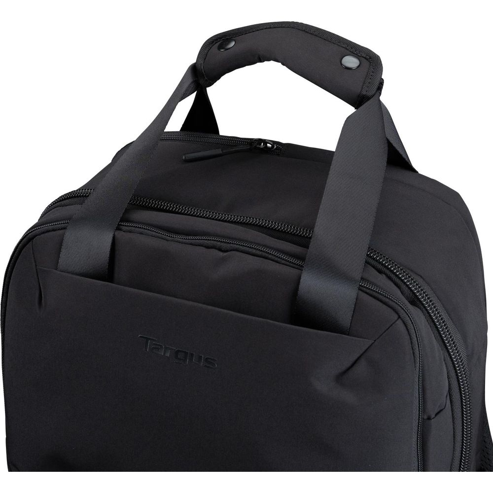 Nahaufnahme eines schwarzen Targus-Rucksacks mit gepolstertem Tragegriff und Fronttasche mit Logo.