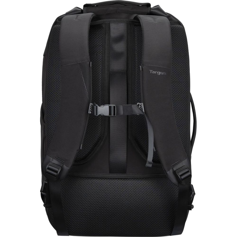 Rückseite eines schwarzen Targus-Rucksacks mit gepolsterten Gurten und Brustgurt.