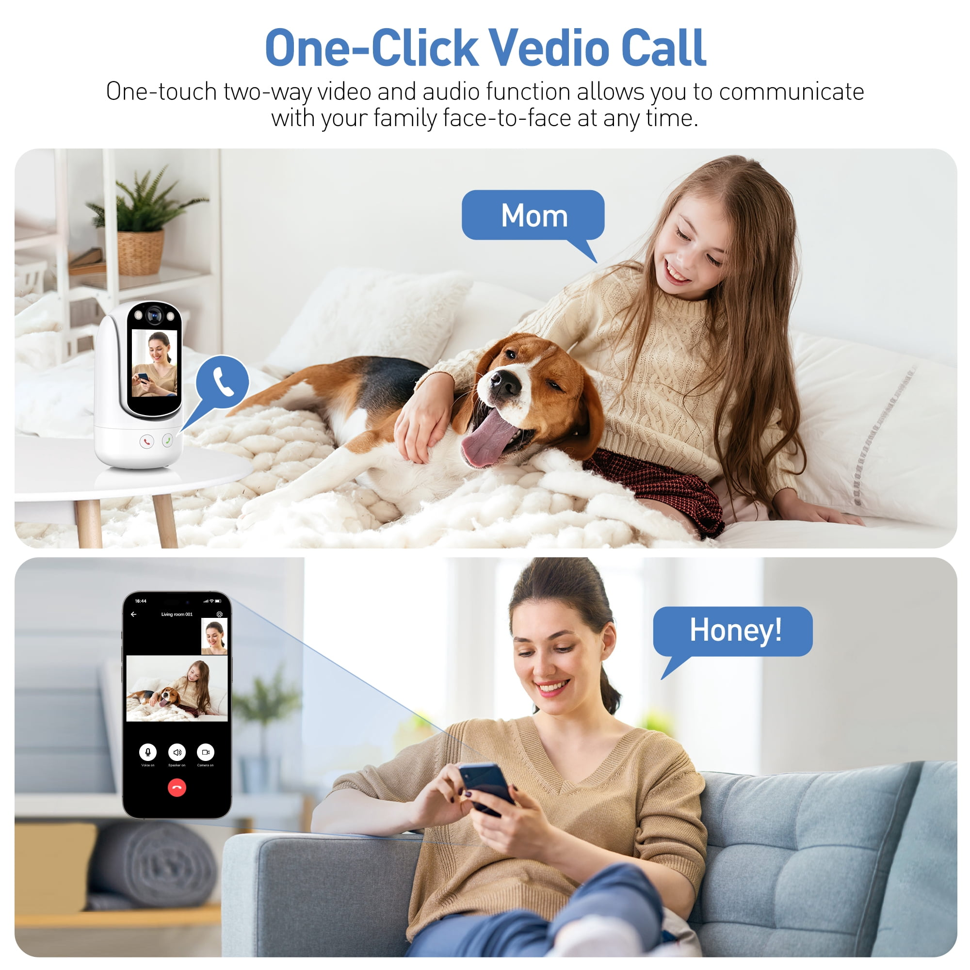 Ein Mädchen mit Hund auf einem Bett video-telefoniert mit der Mutter.