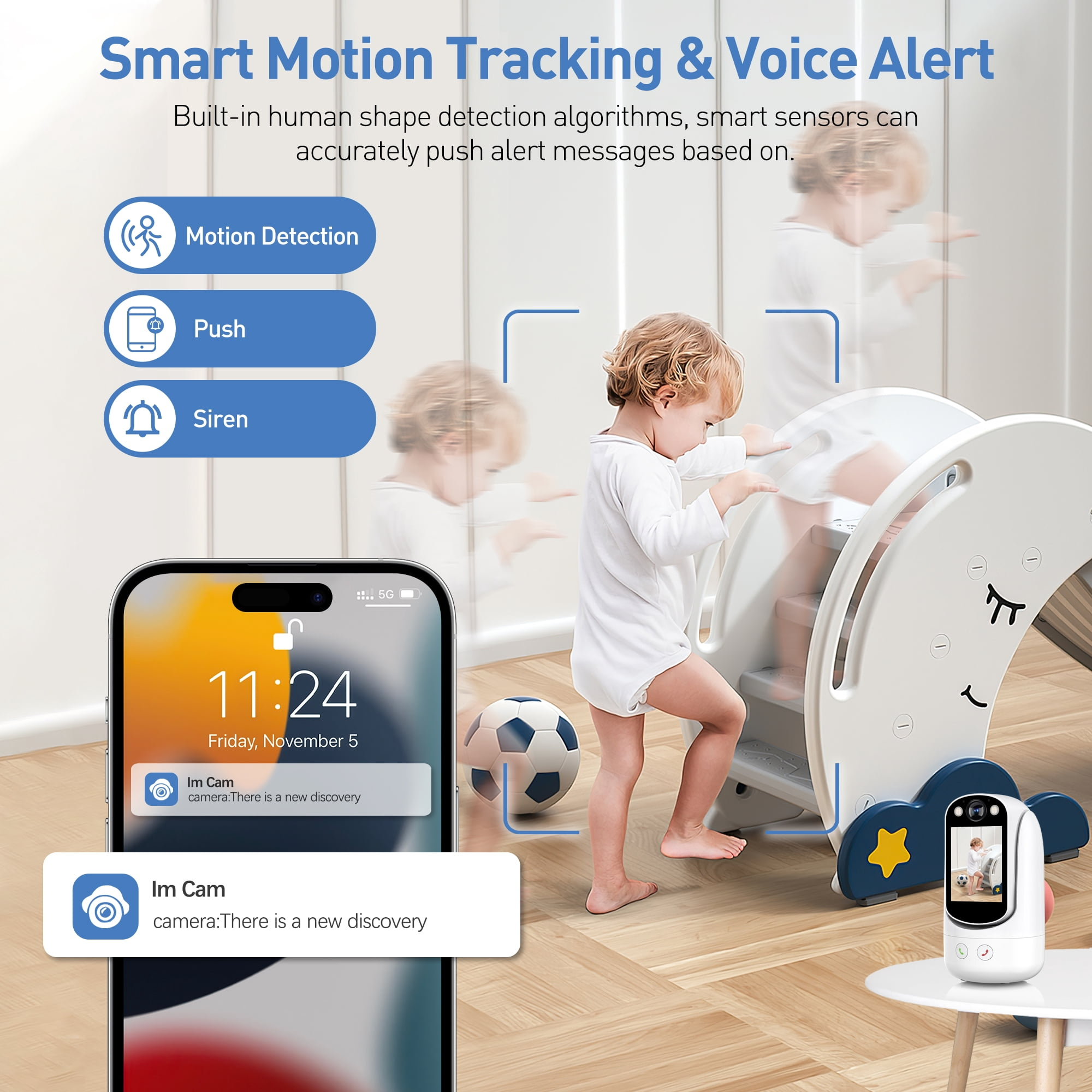 Eine Smart-Kamera verfolgt ein Kind beim Treppensteigen und sendet Bewegungsmeldungen ans Smartphone.