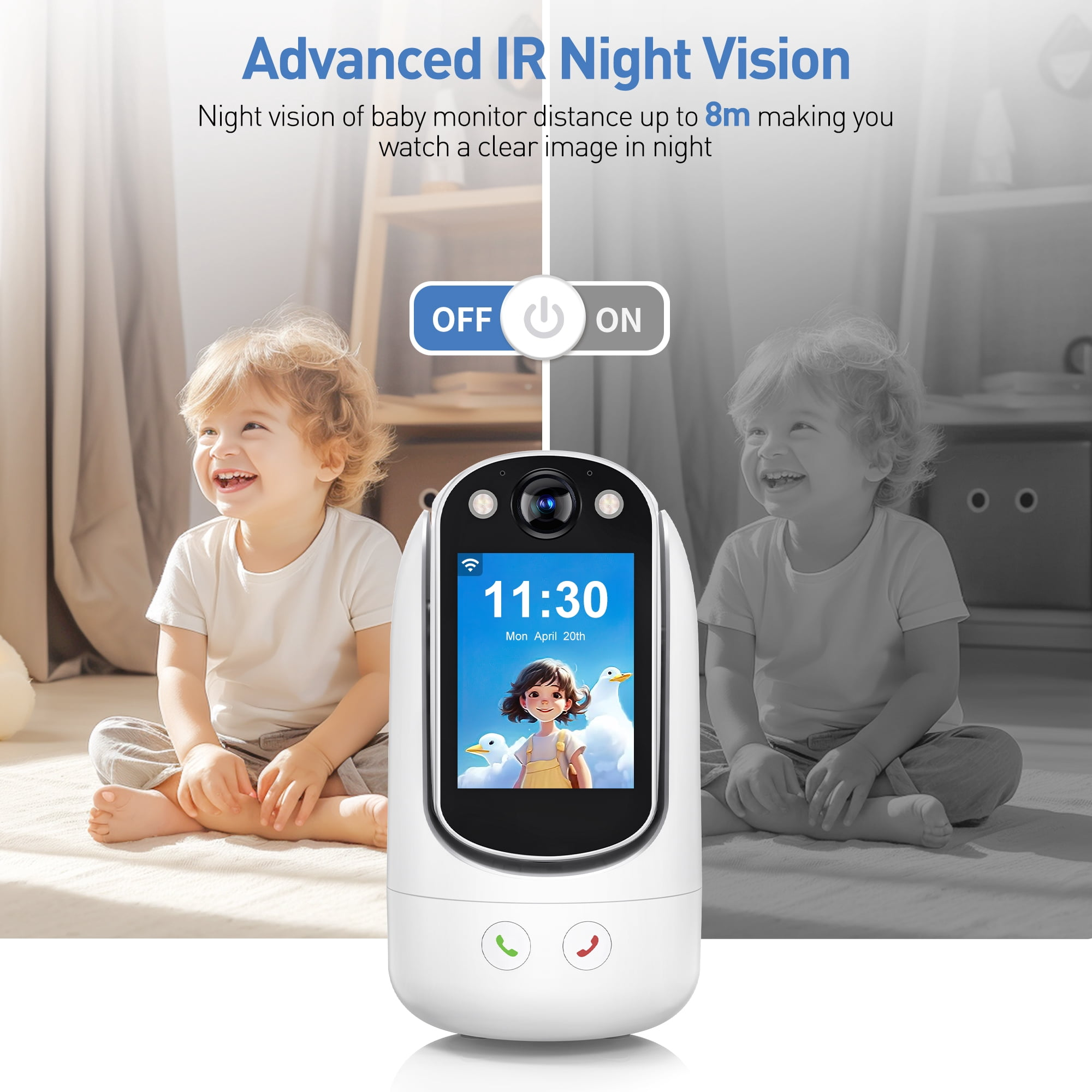 Ein Babyphone zeigt Tag- und Nachtsichtmodi mit einem lächelnden Kind auf dem Boden.