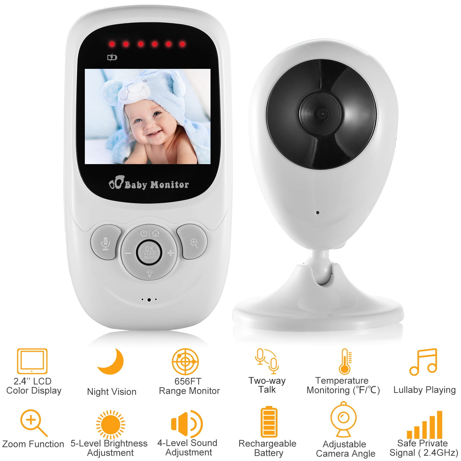 Ein weißes Babyfon mit Monitor und Kamera, umgeben von Icons mit Funktionsbeschreibungen wie Display und Nachtsicht.