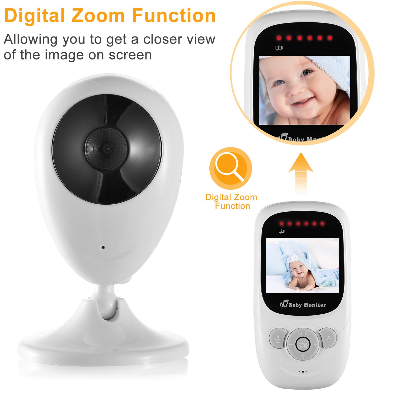 Eine weiße Babyphone-Kamera und Elterneinheit mit heranzoomendem Babybild.