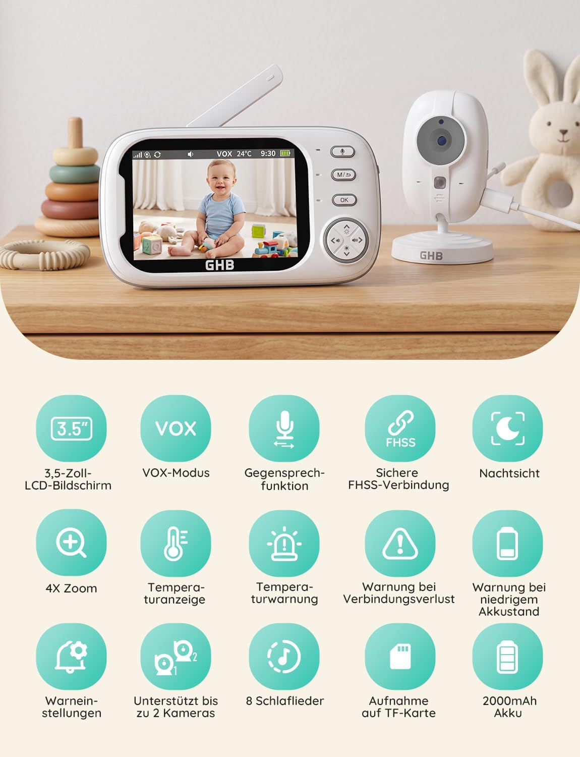 Ein weißes Babyfon mit Monitor und Kamera auf Holz, umgeben von Spielzeug, mit einer Liste von Produktfunktionen.