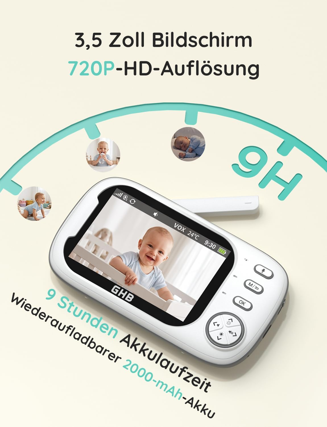 GHB Babyphone mit 3,5 Zoll Bildschirm, 720P HD, und 9 Stunden Akkulaufzeit.