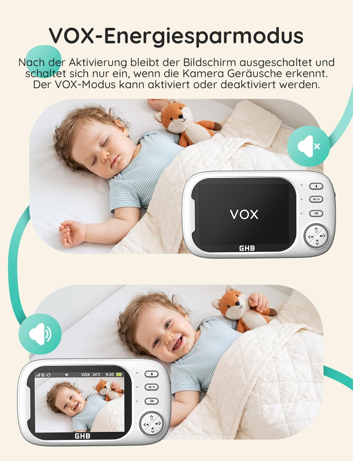 Produktwerbung für den VOX-Energiesparmodus eines Babyphones, zeigt schlafendes und wachendes Kind.